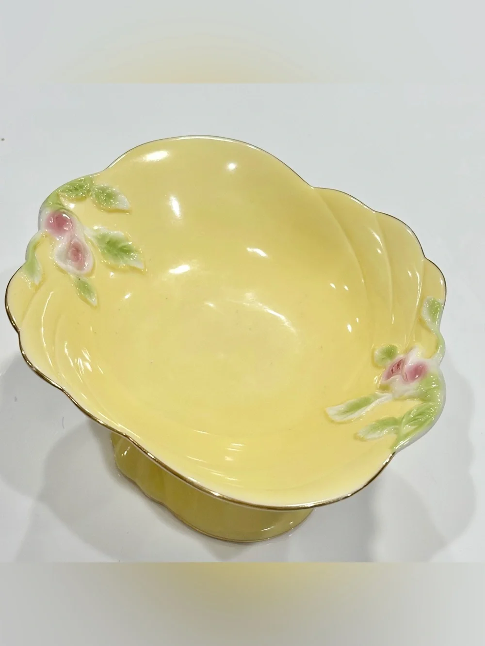 I. GODINGER & Co Yellow Ceramic Pedestal Bowl, Raised Pink Flowers, Golden Trims